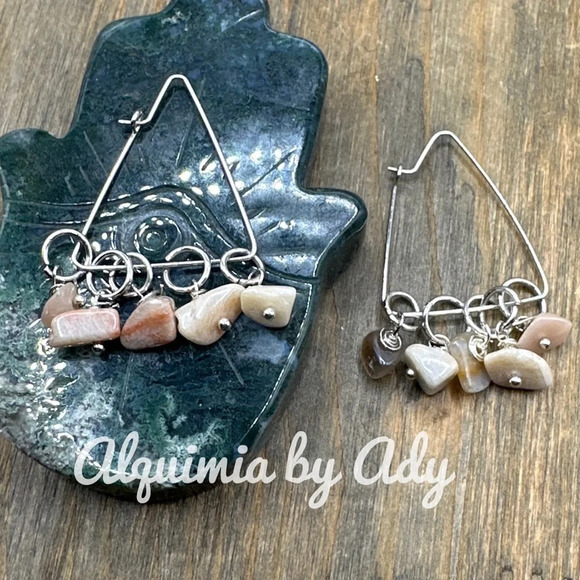 Gray moonstone silver wire cowgirl triangle hoops bohemian long earrings charms - Picture 1 of 8